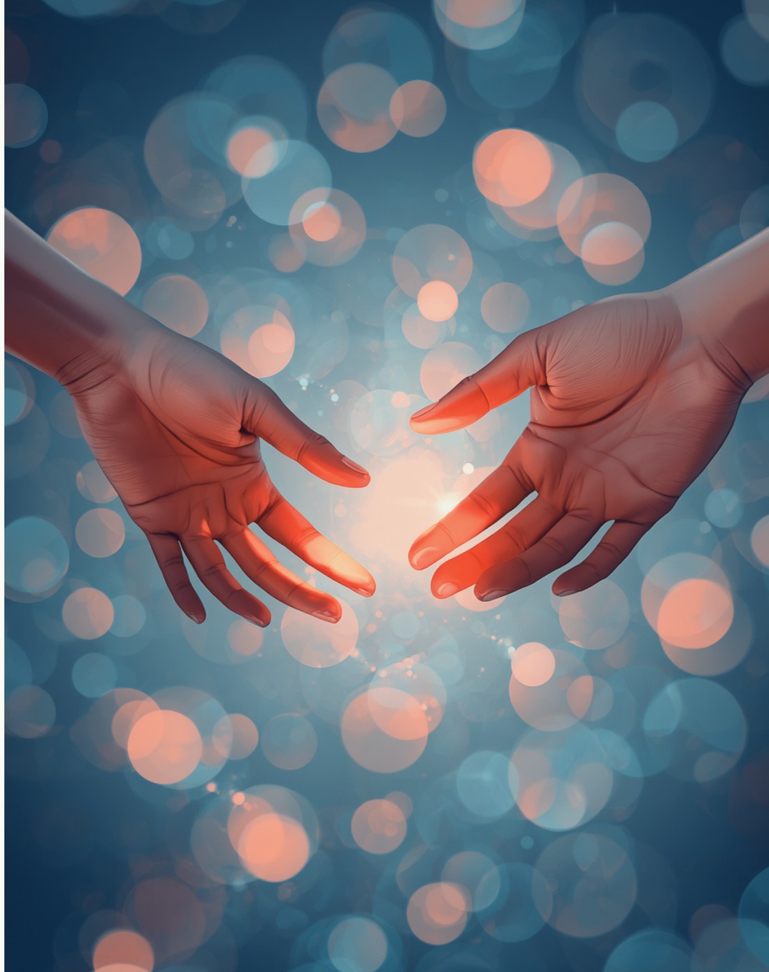 Two hands reaching toward a shared light