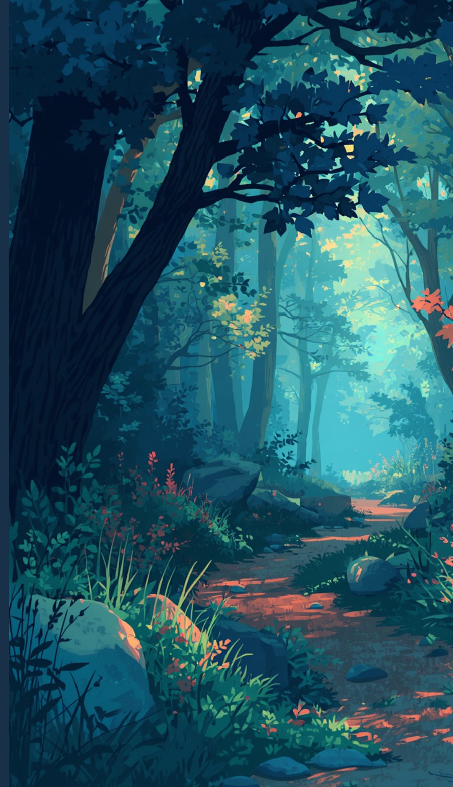 A lit path winding through deep forest