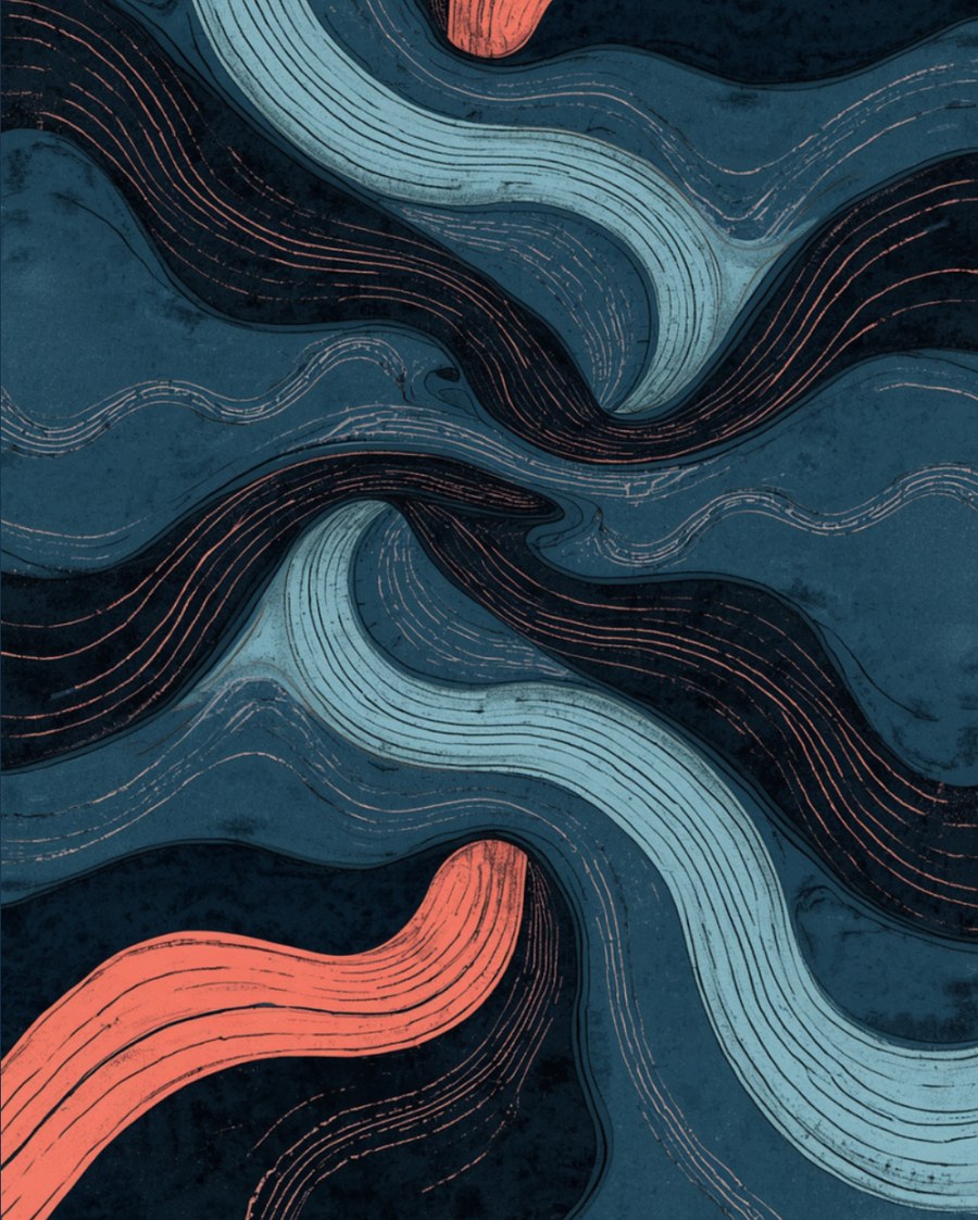Interwoven currents in navy, slate, and coral